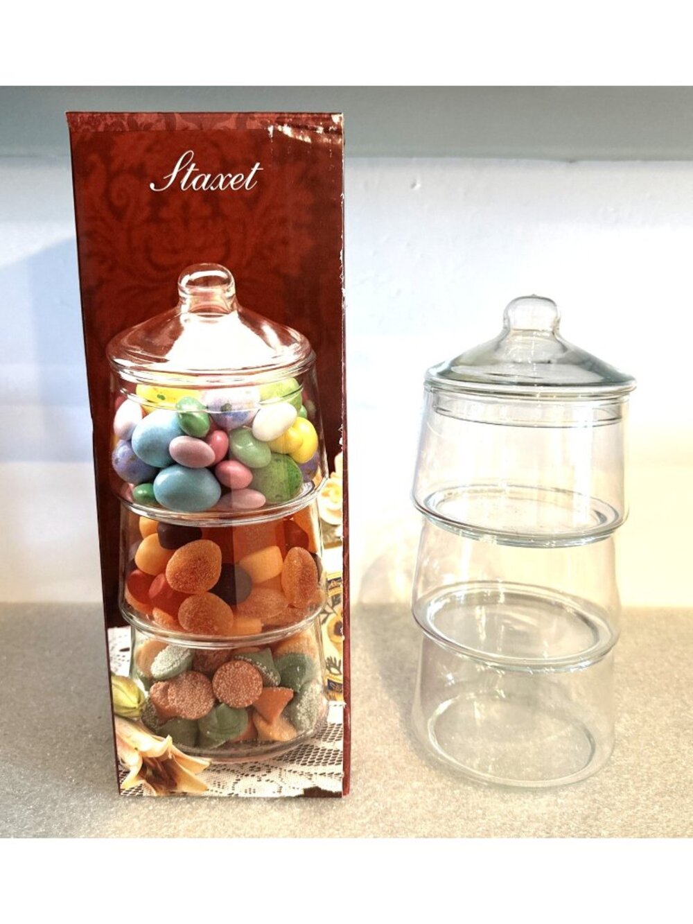 Vintage Indiana Clear Glass Staxet 3 Stacking Jars With Cover 9.5"x3.5" USA New